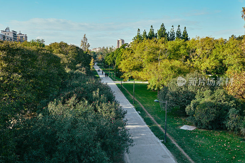西班牙瓦伦西亚的一个城市景观，有大片的绿色公园