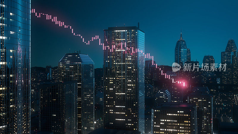 股票图表在摩天大楼之间出现-衰退，熊市，崩溃-金融分析，交易，投资