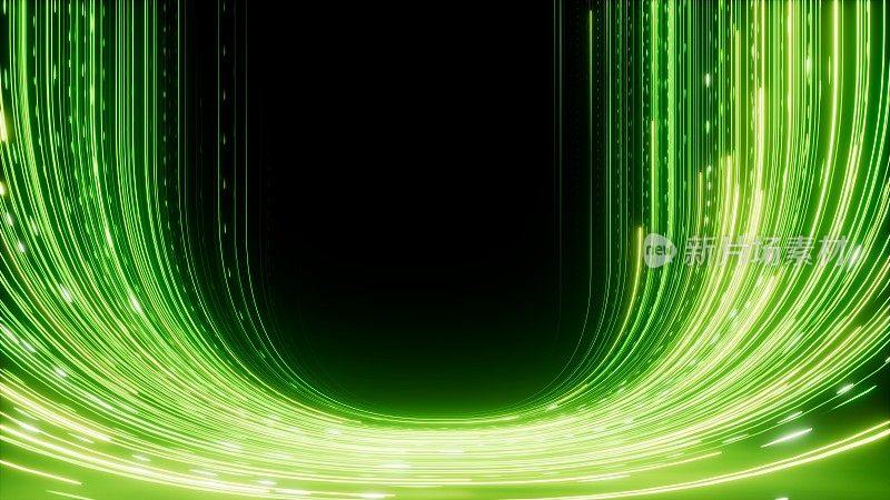 3d渲染，抽象壁纸。黑色背景上的绿色霓虹灯线。流的能量。粒子移动并留下发光的轨迹