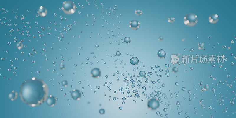 化妆品精华，液体气泡，液体气泡内的分子在水的背景，3d渲染