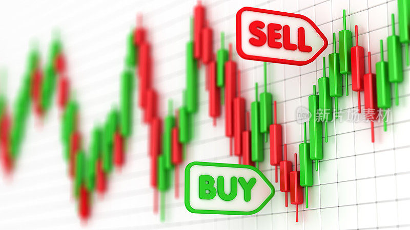 股票市场图表与绿色和红色的蜡烛。利润和金钱。金融和商业图表。买和卖的概念。股市波动三维插图。