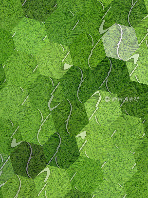 绿色叶子的阴影作为抽象的条纹六角形图案和白色的三维线和同心设计