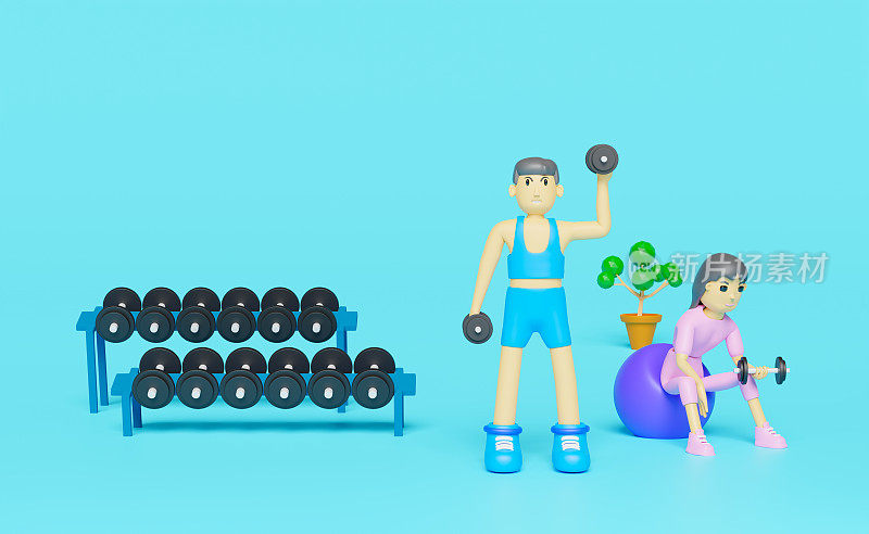 健身的男人和女人举重哑铃在健身房的蓝色背景，3d插图或3d渲染