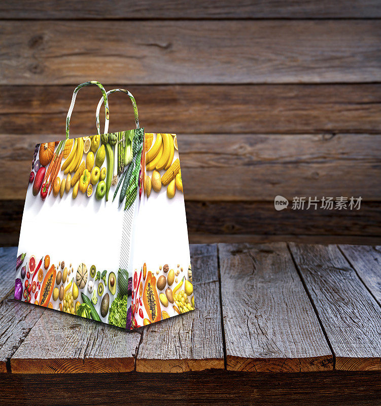 一个白色购物袋3d插图与水果和蔬菜印刷在乡村的深色木材