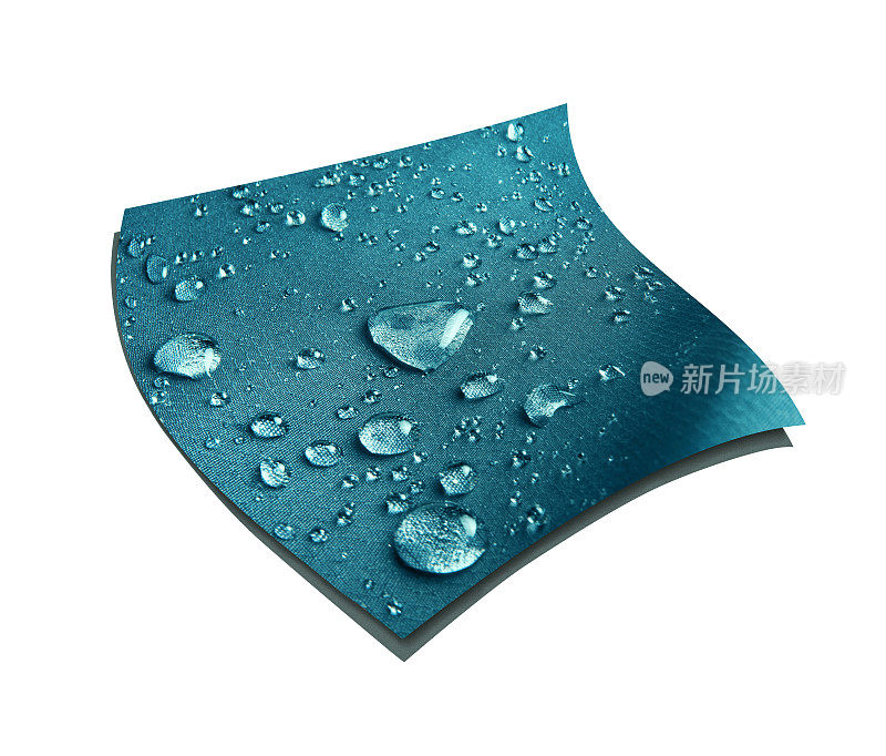 蓝色科技防水透气面料上的雨滴特写