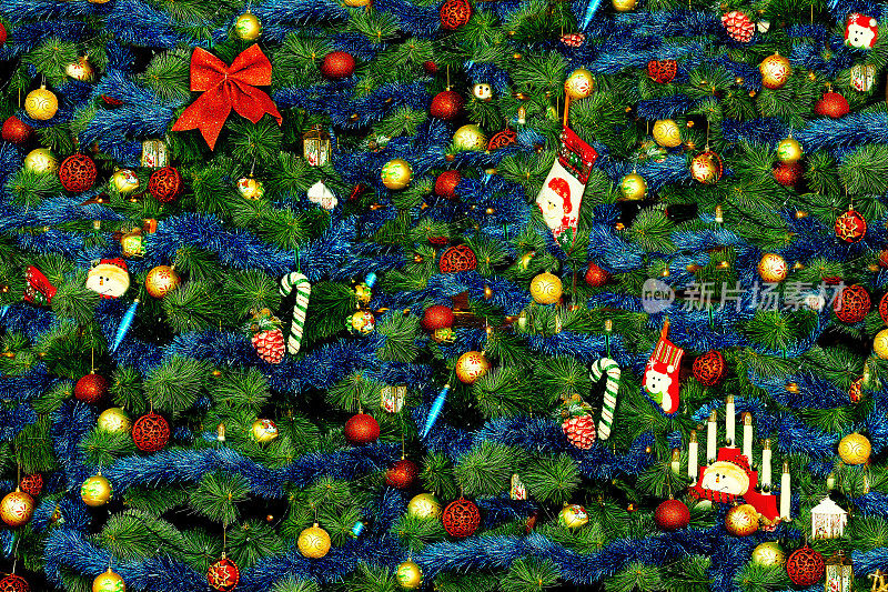 新年的圣诞背景有玩具，花环和圣诞树的树枝