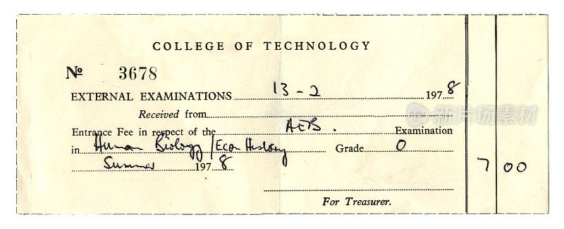 技术学院考试费收据，1978年