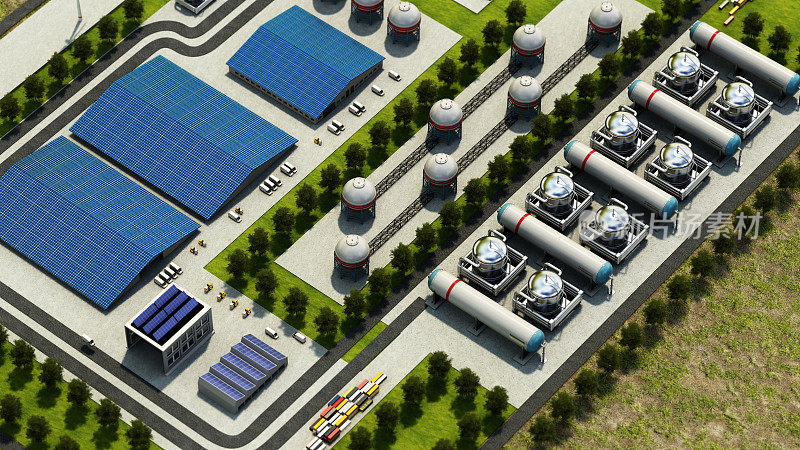 有氢罐和容器的工业区，用于储存和生产氢动力。可替代和清洁能源，可持续发展理念