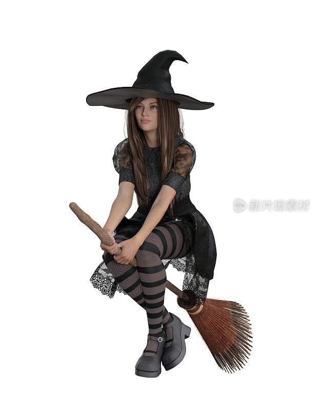 穿着黑裙子戴着尖顶帽子骑着扫帚的可爱女巫。3D插图隔离。