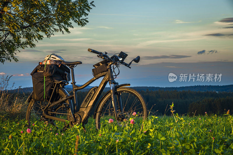 奥地利傍晚的夕阳下，田野里只有树和电动车
