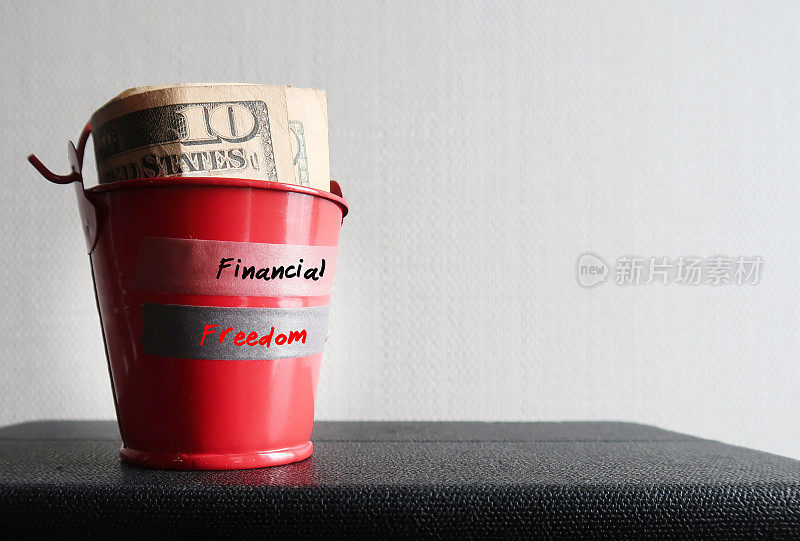 红色迷你浴缸带有金钱和标签财务自由意味着有足够的现金，储蓄，金融投资-手头生活，可以退休或自由地追求工作，即使没有收入