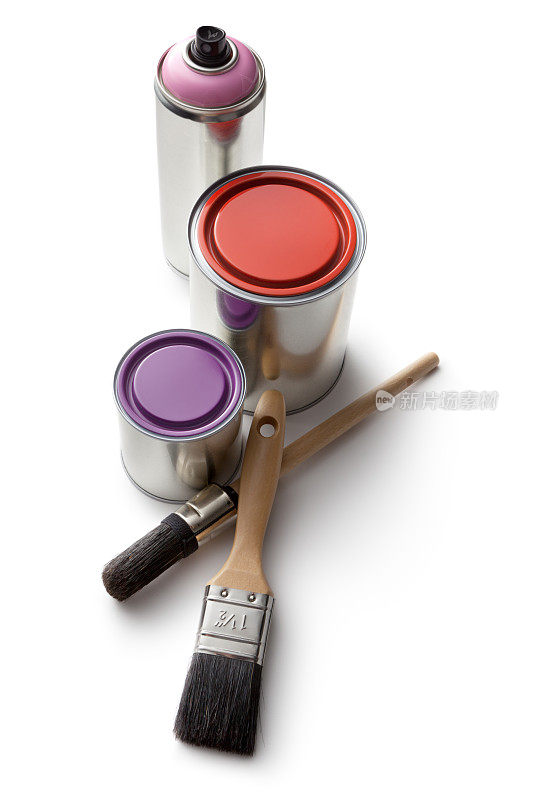 油漆:油漆，油漆刷和喷雾罐隔离在白色背景