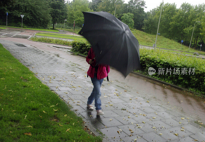 孩子在雨中打着伞