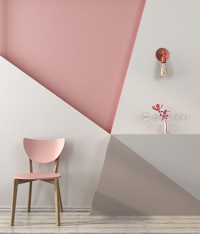 几何墙背景上的粉红色椅子