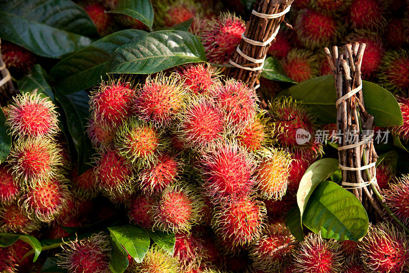 市场新鲜的泰国红毛丹水果。