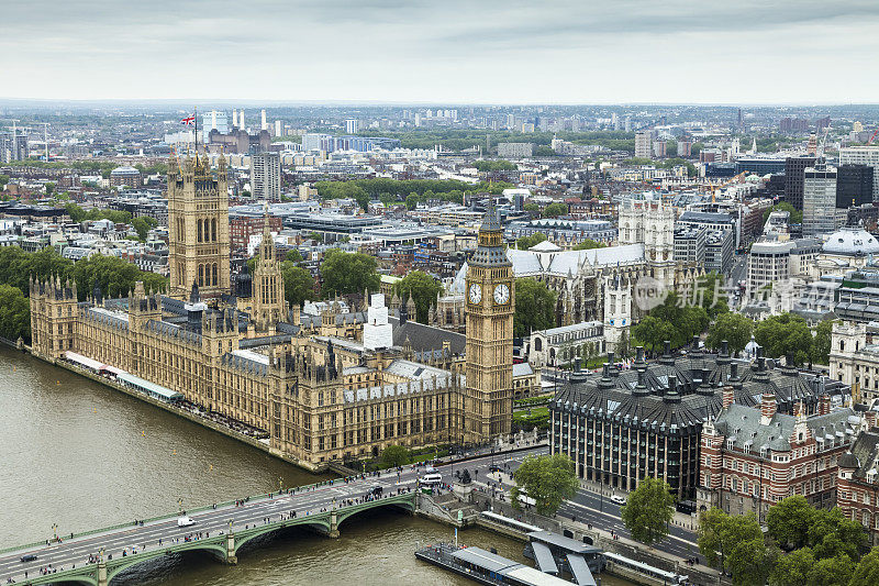 英国议会大厦和泰晤士河鸟瞰图