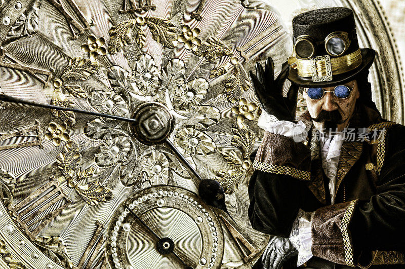 男子穿着老式蒸汽朋克服装和金表背景