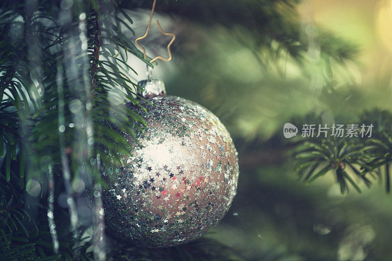 美丽的圣诞树与银色装饰的特写