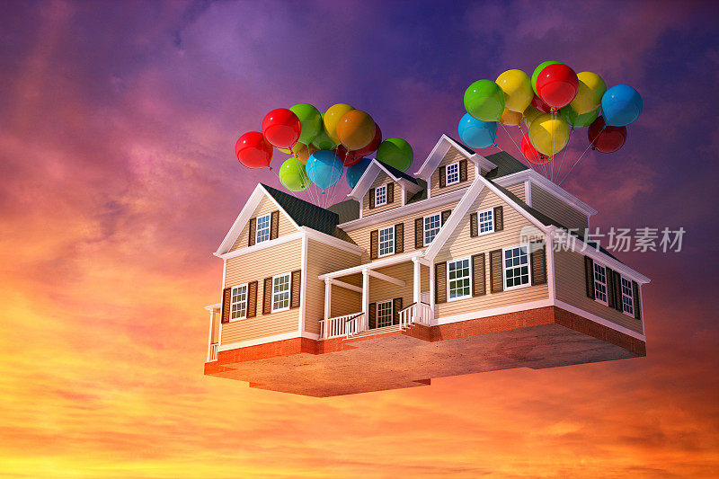 房子和气球在天空中飞翔