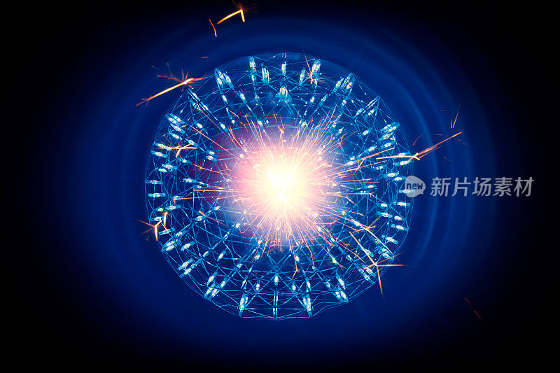 原子核的结构核的内核原子弹的核点火热射线辐射光科学模型说明概念。