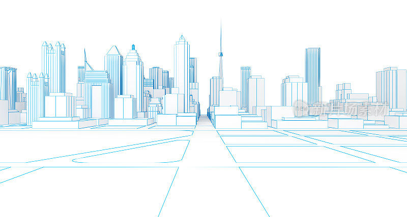 低多边形线框白色城市3d渲染