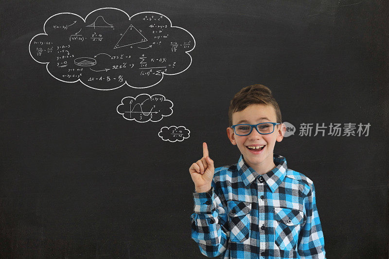 学校男孩孩子想聪明的想法教育演讲泡泡黑板