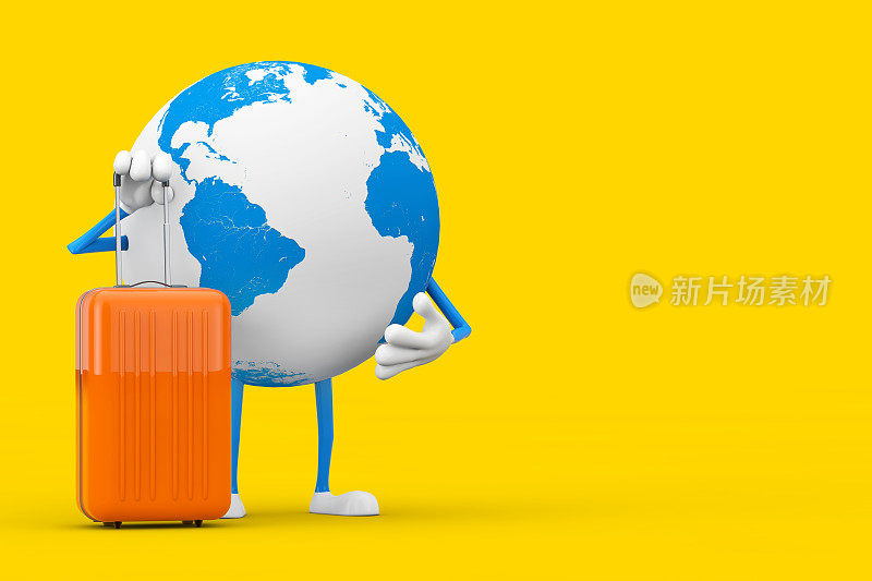 地球人物吉祥物与橙色旅行手提箱。3d渲染