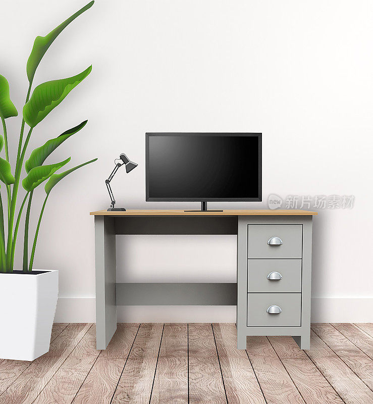 舒适的工作空间与空白电脑屏幕和绿色植物库存照片