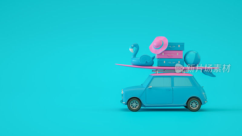 暑假和旅游概念与汽车在蓝色背景