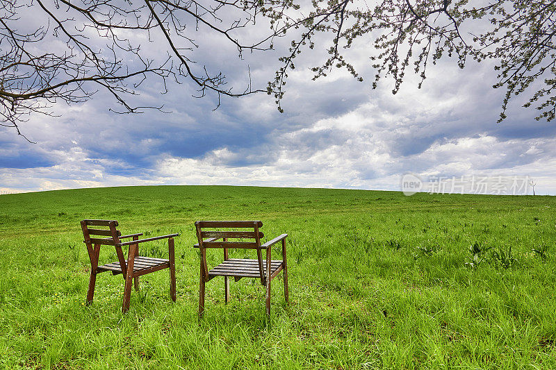 草地上的两把空木椅，后视镜