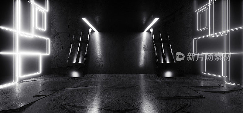 霓虹灯激光科幻网络未来宇宙飞船隧道走廊白光金属柱展厅仓库地下水泥混凝土光滑地板背景逼真的3D渲染