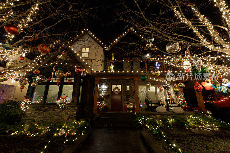 圣诞夜的彩灯装饰房子