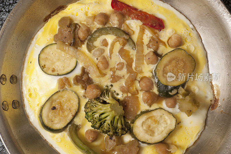 蔬菜煎蛋饼在煎蛋卷锅中烹饪