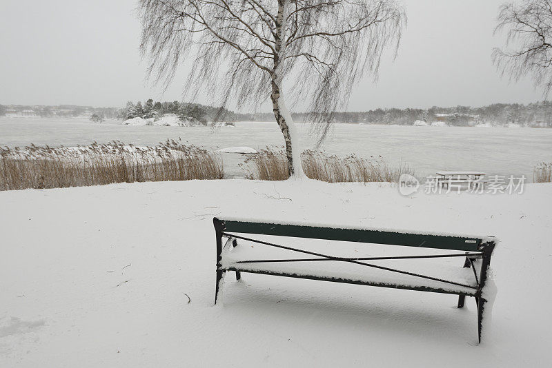 公园长椅俯瞰冬天的湖景