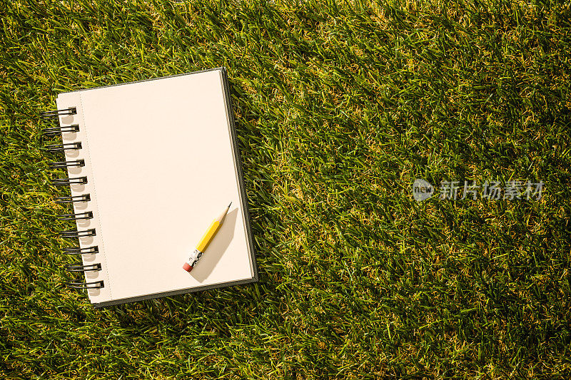 笔记本和铅笔放在草地上