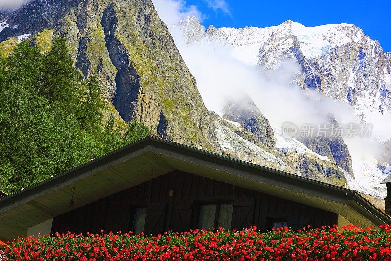 阿尔卑斯山小木屋，红花，勃朗峰-库马约尔，奥斯塔，意大利