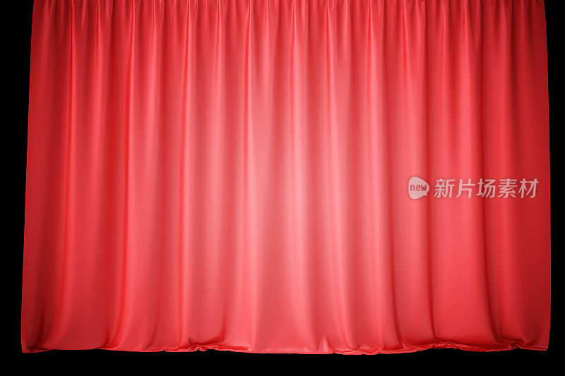 红色天鹅绒舞台窗帘，猩红色剧院窗帘。丝质古典窗帘，红色剧场窗帘。三维渲染