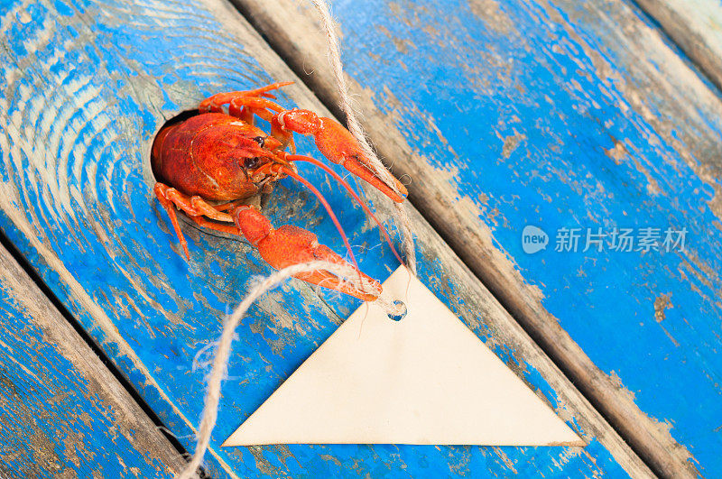 从一个洞里探出来的红煮小龙虾，带着空的棕色纸，三角形和绳子，放在古老的乡村蓝色木板上