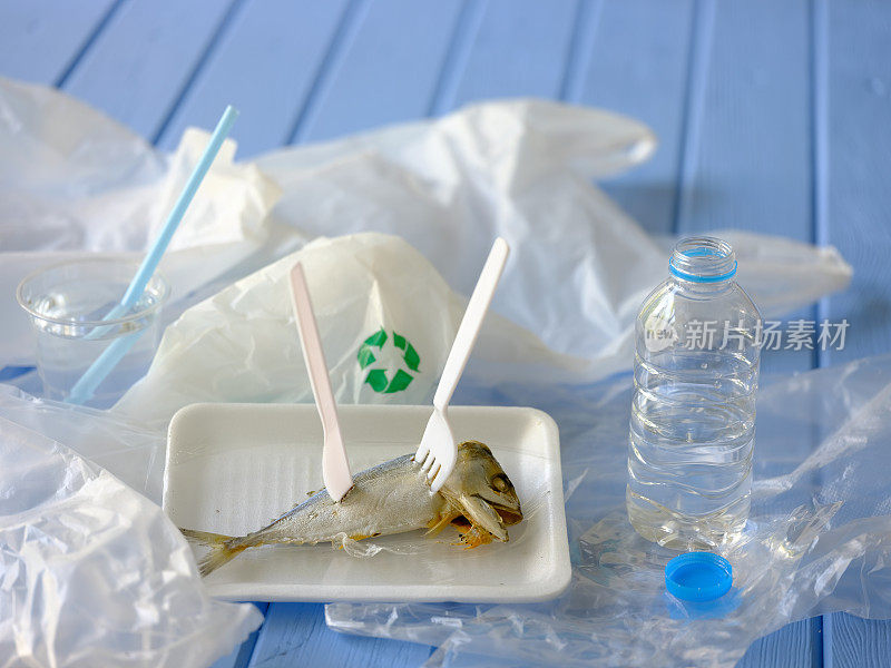 用保鲜膜包裹的印度鲭鱼放在聚苯乙烯盘子上，盘子打开后用塑料刀叉戳鱼，放在蓝色的木桌背景上。