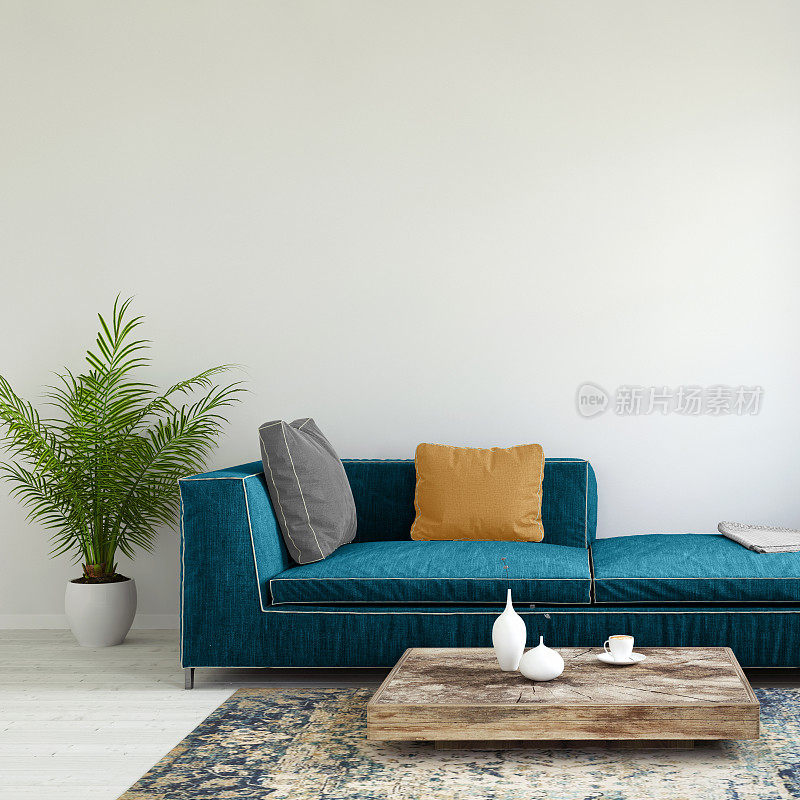 粉彩沙发与植物和空白墙模板