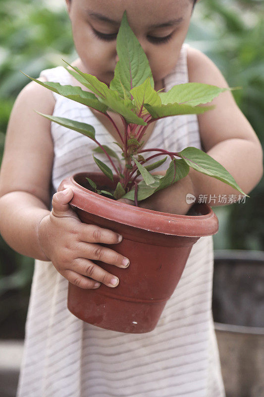 小孩抱着花盆