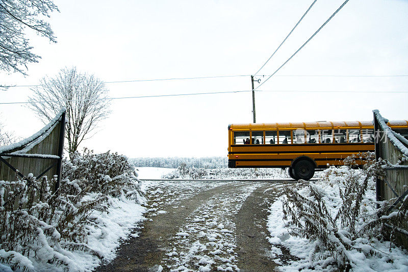 在一个大雪纷飞的冬日早晨，一辆校车从乡间车道的尽头驶出。
