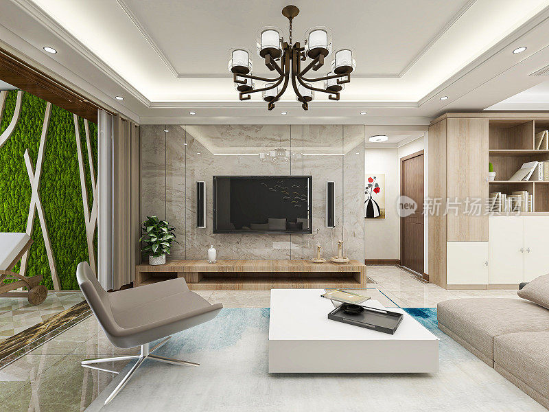 3D效果图，干净整洁的现代客厅设计，入口配有鞋柜、沙发、电视、桌子、休闲椅等设施