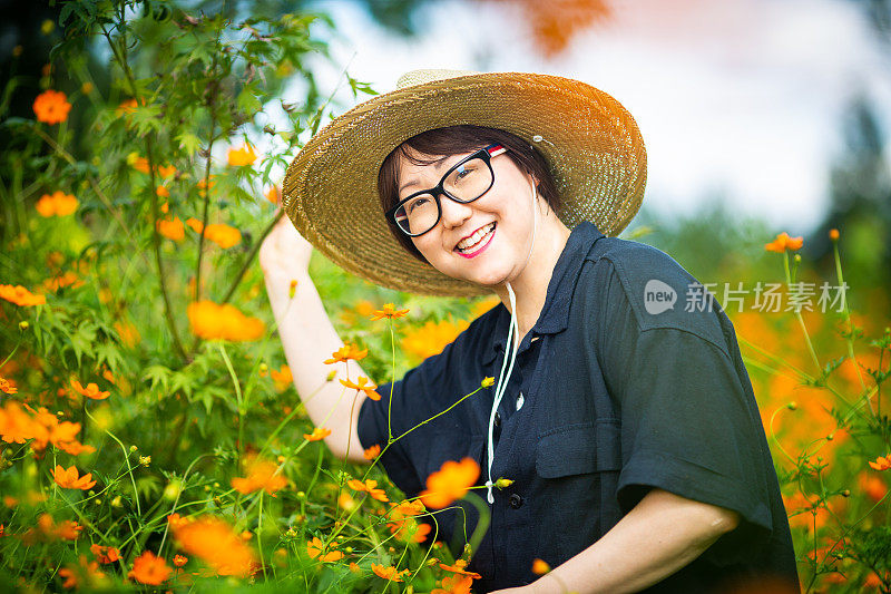 宇宙花田中的中年妇女