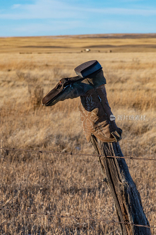 当地蒙大拿州大草原在旧的篱笆桩旧靴子的安置