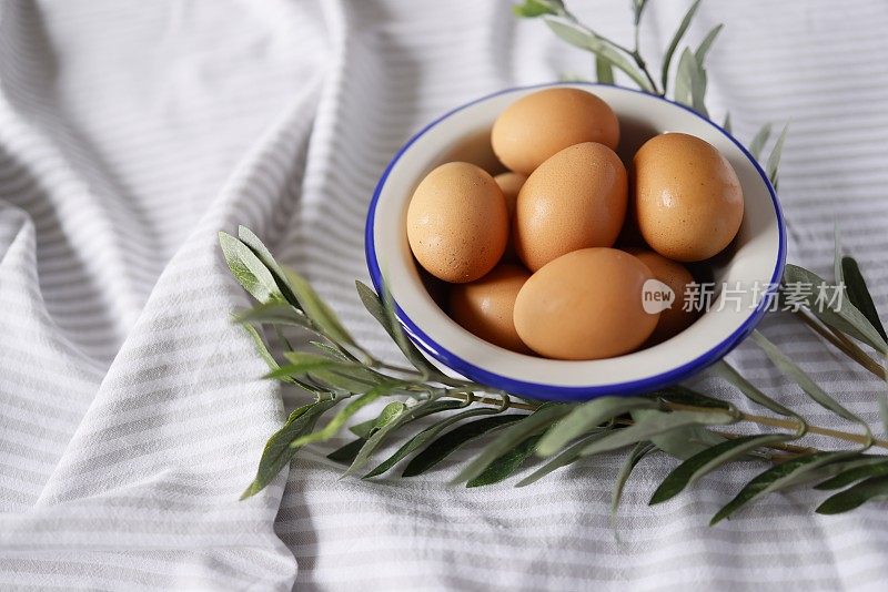 一盘棕色的鸡蛋上有灰白色条纹的封面，盘灰色搪瓷和侧面涂海军蓝，旁边的盘子是一个人造橄榄枝，特写
