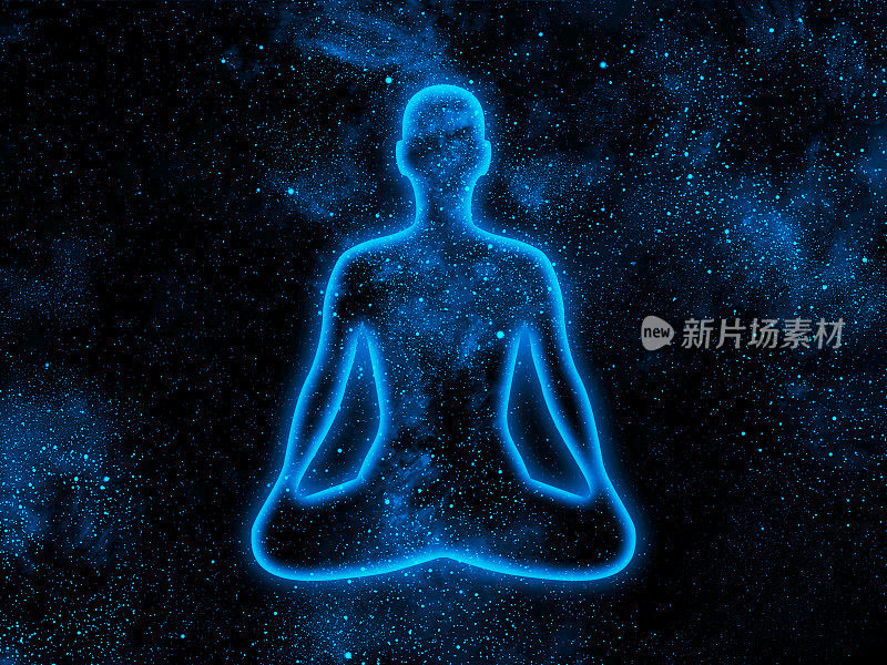 宇宙发光的人在莲花的姿势在蓝色星空宇宙的背景