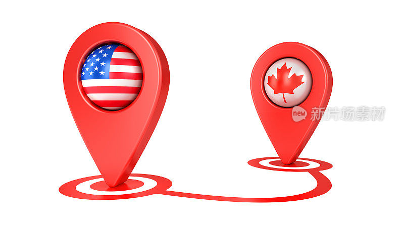 红色地图指针与旗帜美国和加拿大孤立在白色背景。销地图图标。全球定位系统(GPS)标记的地方。导航和旅行位置。开始和结束行程符号。
