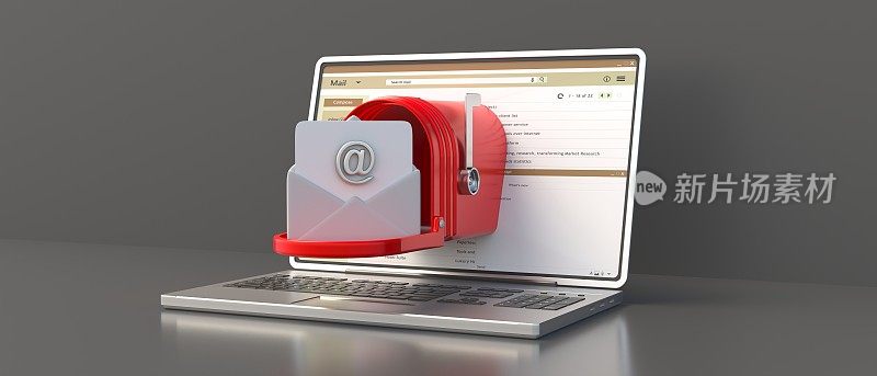 电子邮件收件箱。红色复古邮箱打开出笔记本电脑屏幕，灰色背景。三维演示