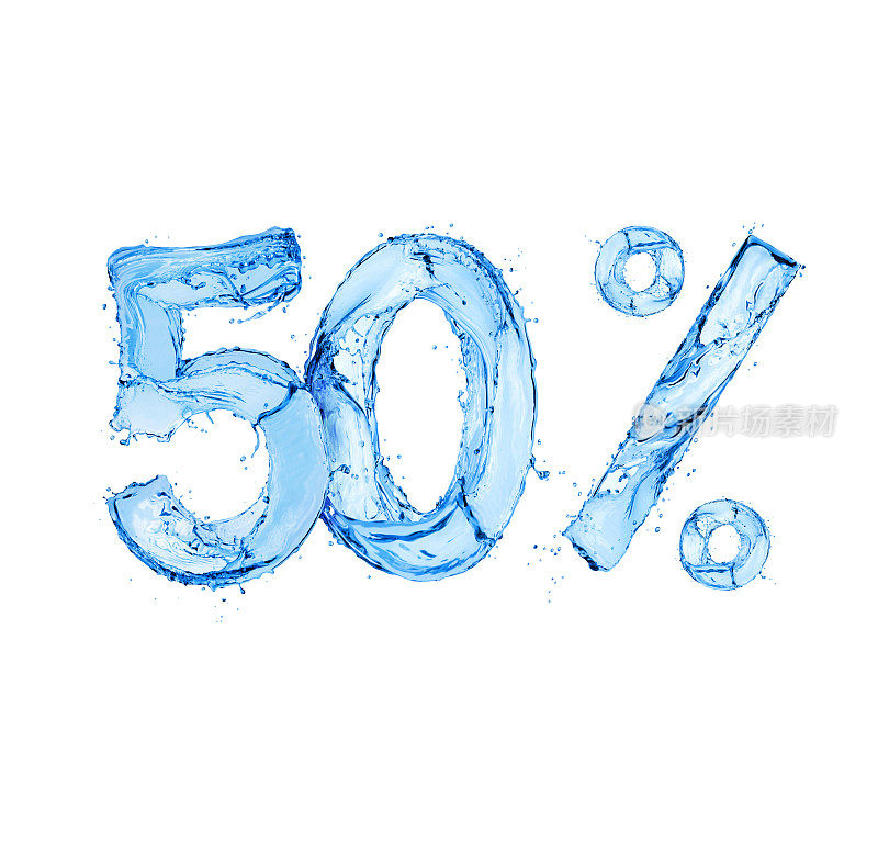 数字50%和百分之五十的标志由水飞溅，孤立在一个白色的背景